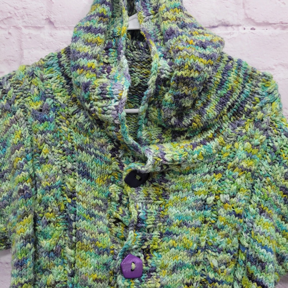 Chunky Knit Hooded Cardigan Short Sleeve Sweater Sz M Artsy Button Cozy Boho - Picture 3 of 8